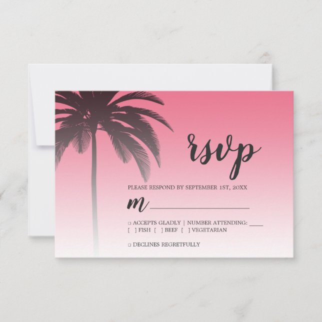 Tropical Palm Tree Pink Beach Wedding RSVP Card (Front)