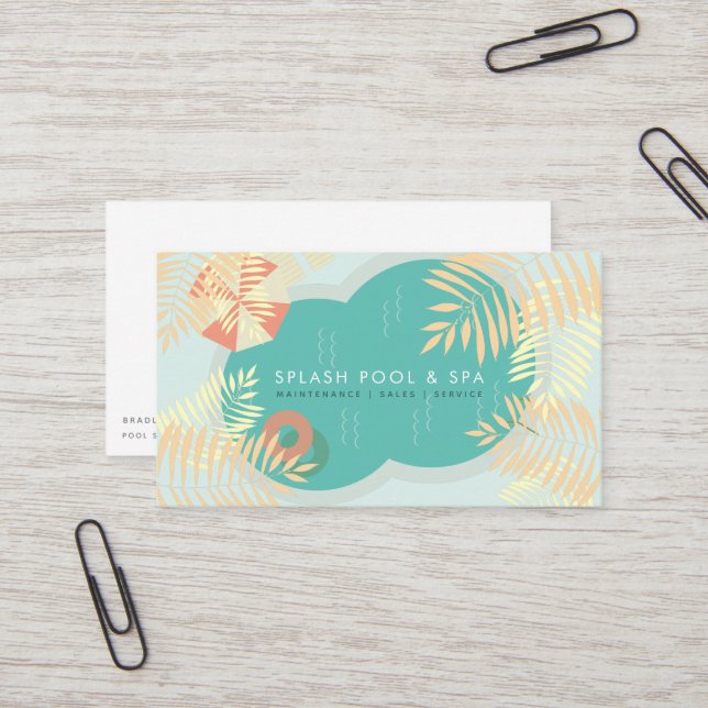 Tropical Palm Tree Pool Service Business Card (Front/Back In Situ)