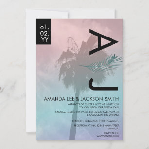 Tropical Palm Tree Realistic Pink Blue Wedding Inv Invitation