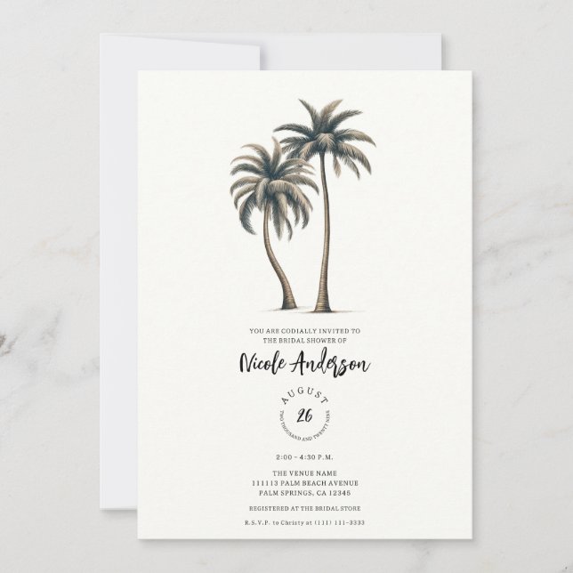 Tropical Palm Tree Rustic Coastal Bridal Shower Invitation (Front)