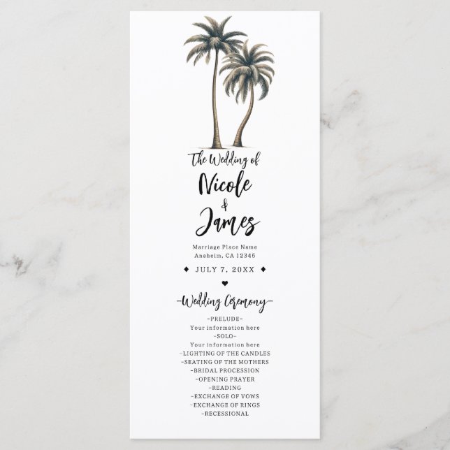 Tropical Palm Tree Rustic Coastal Wedding Program Programme (Front)