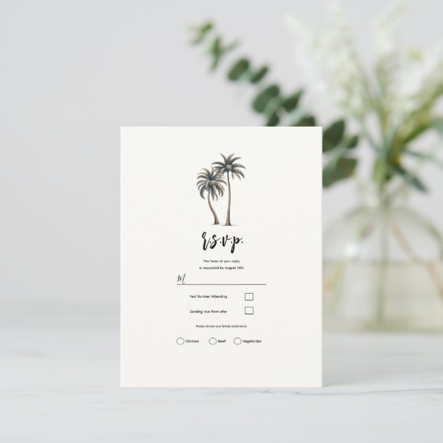 Tropical Palm Tree Rustic Coastal Wedding RSVP Invitation (Standing Front)