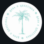Tropical Palm Tree Seas and Greetings Christmas Classic Round Sticker<br><div class="desc">Send your holiday greetings this year with this tropical palm sticker featuring the words "Seas & Greetings" between snowflakes.</div>