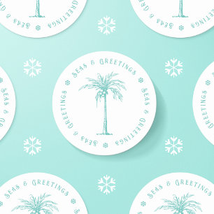 Tropical Palm Tree Seas and Greetings Christmas Classic Round Sticker