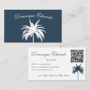 Tropical Palm Tree Stylish Blue White QR  Business Card