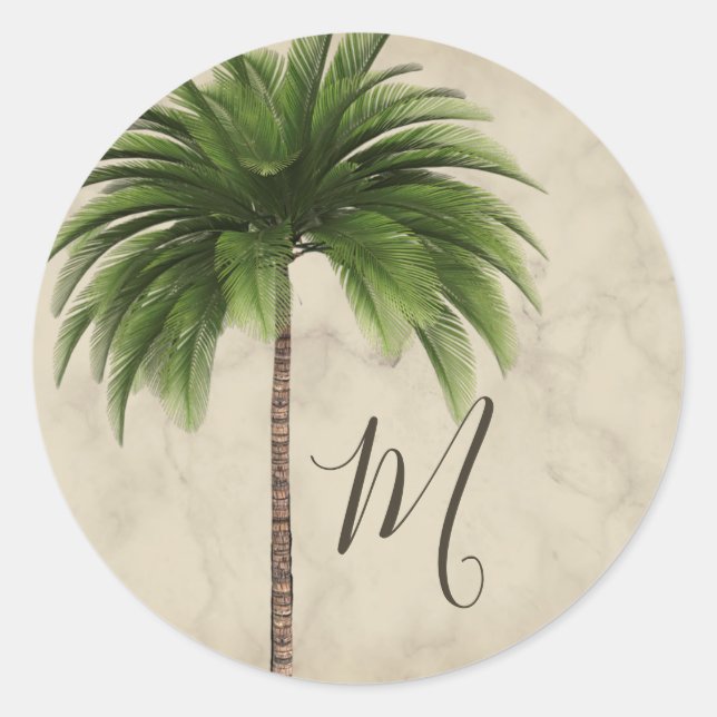Tropical Palm Tree Stylish Marbled Monogram Classic Round Sticker (Front)