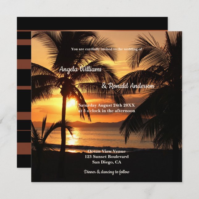 Tropical Palm Tree Sunset Beach Wedding Invitation (Front/Back)