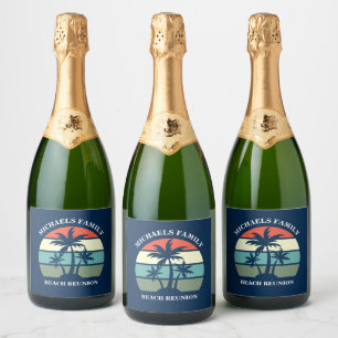 Tropical Palm Tree Sunset Custom Blue Beach Party Sparkling Wine Label