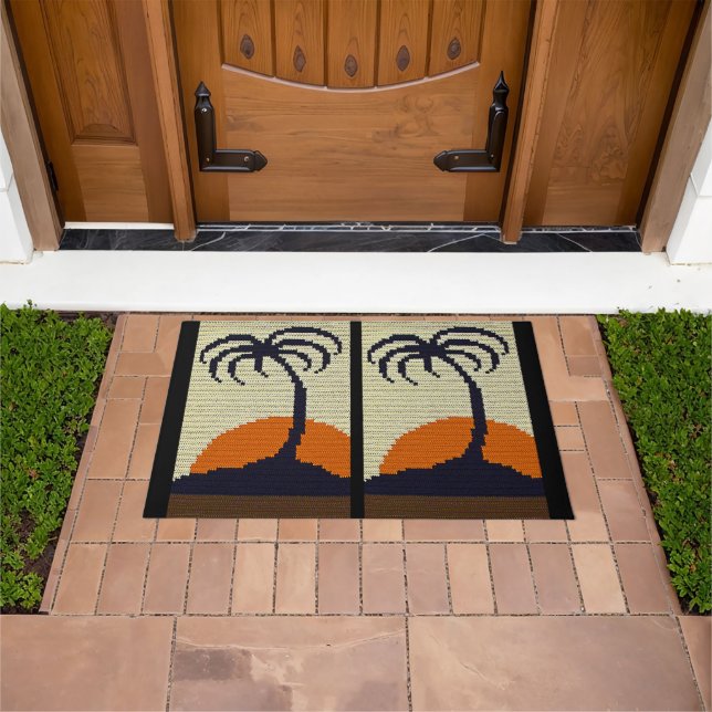 Tropical Palm Tree Sunset Natural Crochet Print on Doormat (Outdoor)