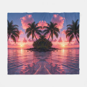Tropical Palm Tree Sunset Pink Ocean Beach Fleece Blanket