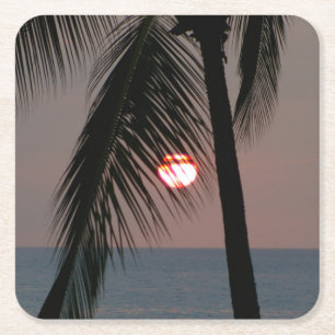 Tropical Palm Tree Sunset Square Paper Coaster
