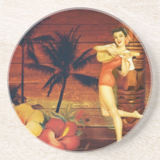 tropical Palm Tree totem pole hawaiian girl aloha Coaster