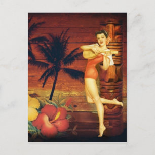 tropical Palm Tree totem pole hawaiian girl aloha Postcard