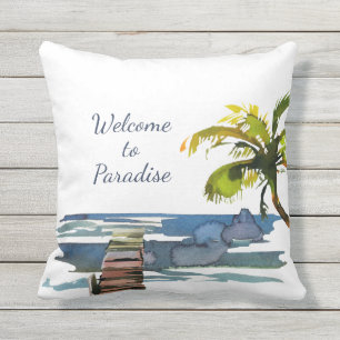 Tropical Palm Tree Waterfront Dock Patio Cushion