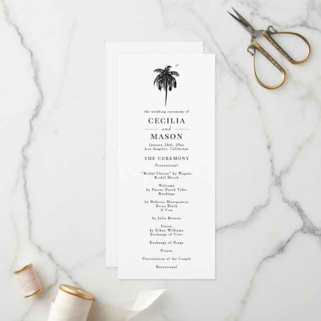 Tropical Palm Tree Wedding Program Programme (Front/Back In Situ)