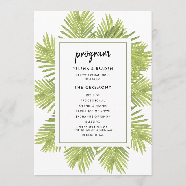 Tropical palm tree wedding programme (Front)