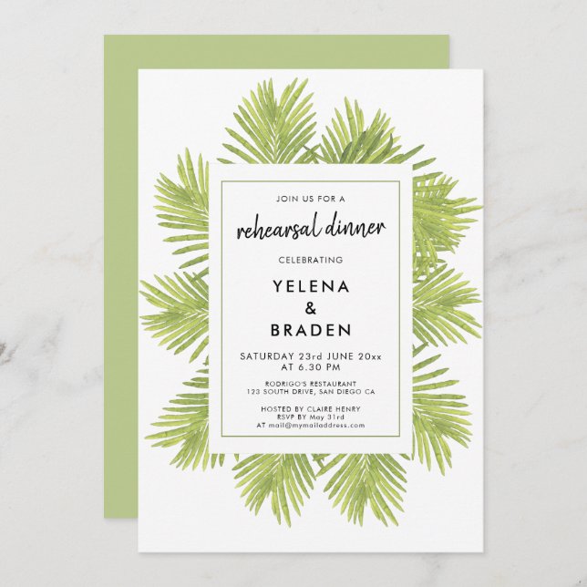 Tropical palm tree wedding rehearsal dinner invitation (Front/Back)