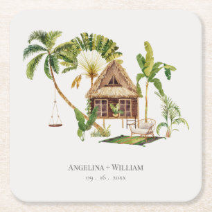 Tropical Palm Tree Wedding Square Paper Coaster