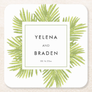 Tropical palm tree wedding square paper coaster