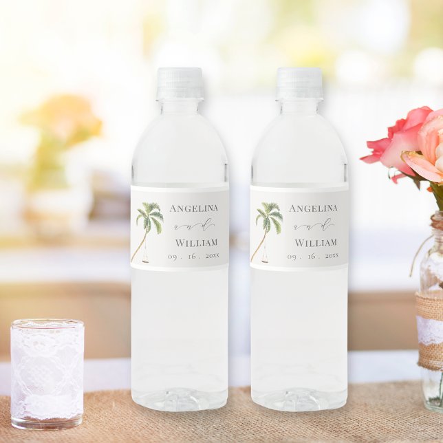Tropical Palm Tree Wedding Water Bottle Label (Creator Uploaded)