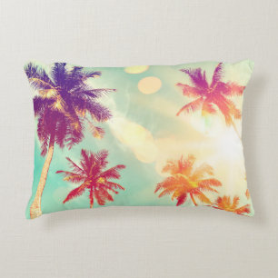 Tropical palm tree with colorful bokeh sun light o decorative cushion