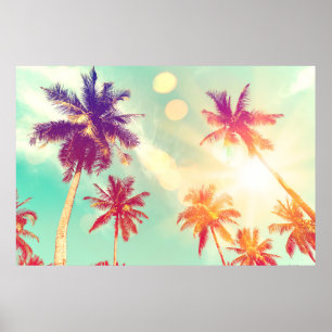 Tropical palm tree with colourful bokeh sun light poster
