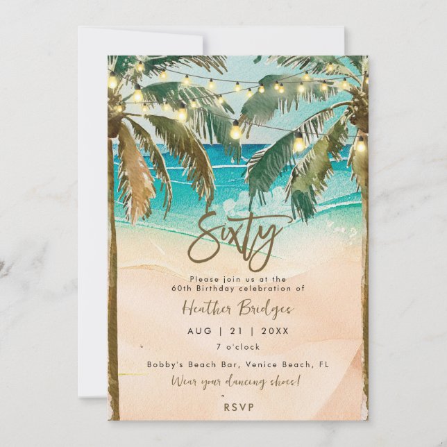 Tropical palm trees 60th birthday party invitation (Front)