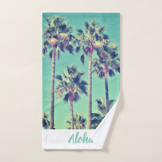 Tropical Palm Trees against Teal Green Aloha Hand Towel (Hand Towel)