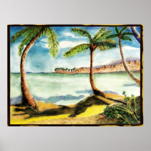 Tropical Palm Trees and Beach Drawing Poster