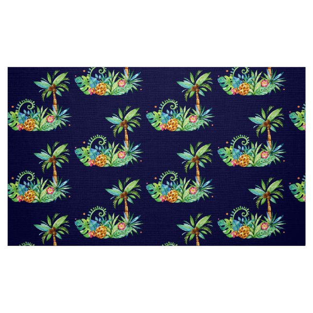 Tropical Palm Trees and Floral on Navy Fabric (Fat Quarter)
