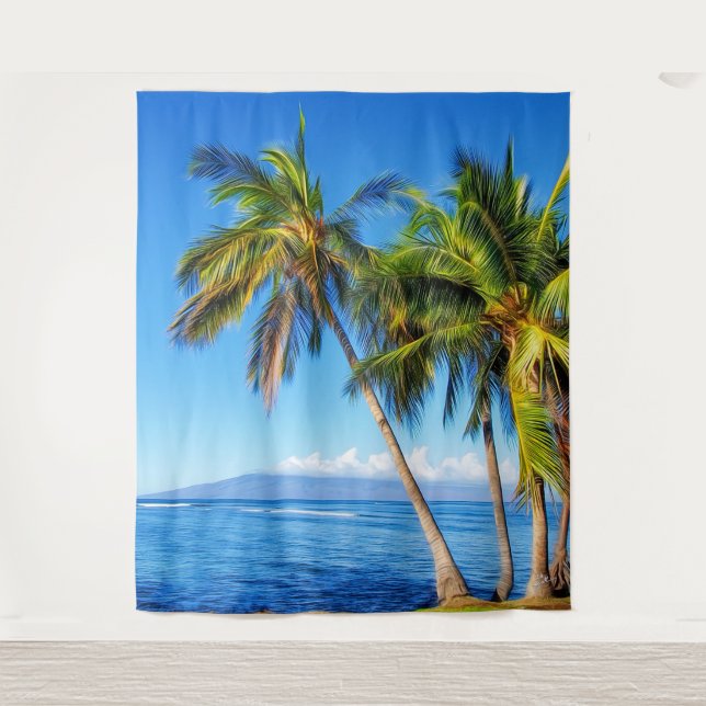 Tropical Palm Trees and Molokini from Maui Hawaii  Tapestry (Front)
