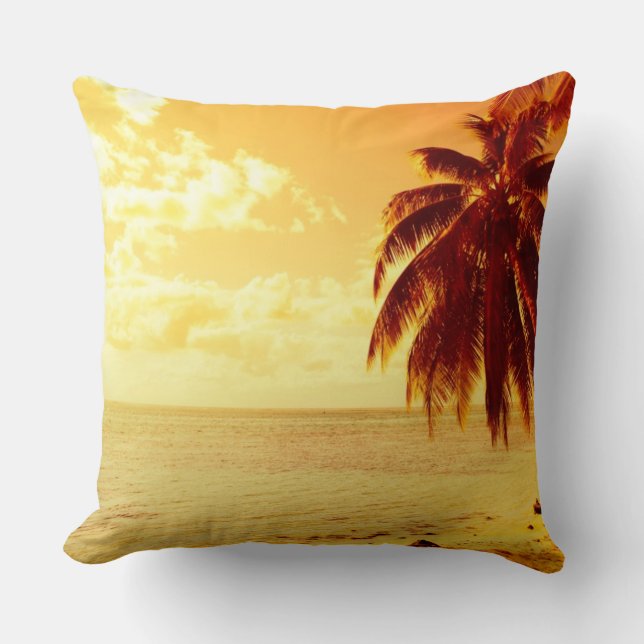 Tropical palm trees at a beach at sunset pillow (Front)