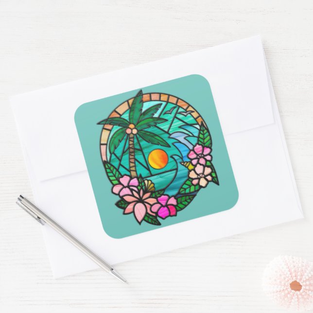 Tropical, Palm Trees At Sunset By The Ocean Square Sticker (Envelope)