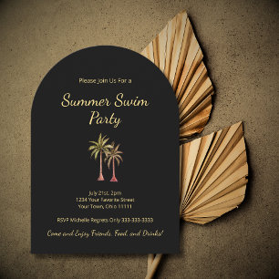 Tropical Palm Trees Barbecue Swim Party Black Invitation