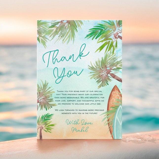 Tropical palm trees beach baby on board shower thank you card (Tropical palm trees beach baby on board shower thank you card)
