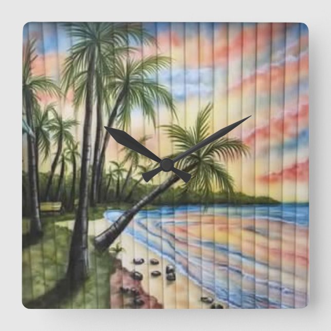 TROPICAL PALM TREES BEACH BLINDS SQUARE WALL CLOCK (Front)