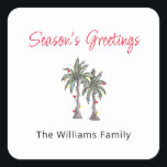 Tropical Palm Trees Beach Christmas Illustration  Square Sticker<br><div class="desc">Tropical Christmas foliage sticker,  with a palm trees illustration and script typography. With customisable lettering,  you add your own information. A cheerful way to celebrate the holidays with a theme from the beach.</div>