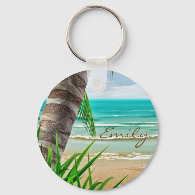 Tropical Palm Trees Beach Island Personalised Key Ring (Front)