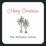 Tropical Palm Trees Beach Merry Christmas  Square Sticker<br><div class="desc">Tropical Merry Christmas sticker,  with a palm trees illustration and script typography. With customisable lettering,  you add your own information. A cheerful way to celebrate the holidays with a theme from the beach.</div>