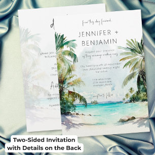 Tropical Palm Trees Beach Modern Wedding Two Sided Invitation