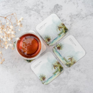 Tropical Palm Trees Beach Sand Monogram Wedding  Square Paper Coaster