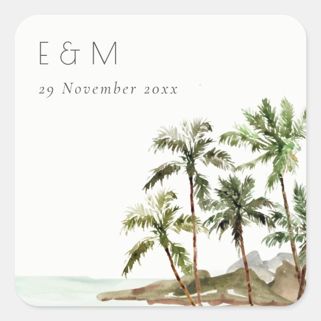 Tropical Palm Trees Beach Sand Monogram Wedding Square Sticker (Front)