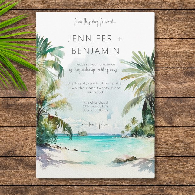 Tropical Palm Trees Beach Scene Modern Wedding Invitation (Creator Uploaded)