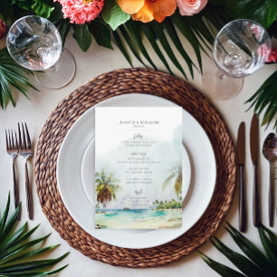 Tropical Palm Trees Beach Scene Modern Wedding Menu