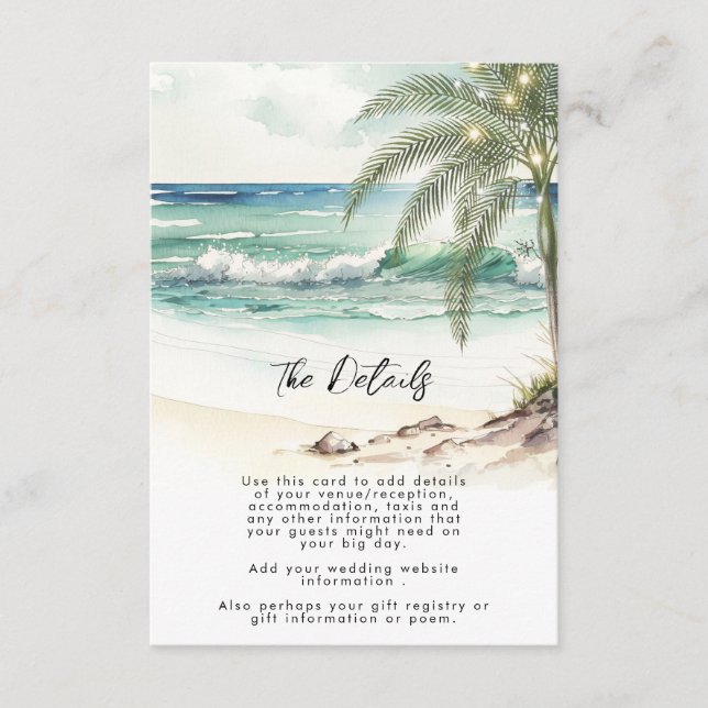 tropical palm trees beach wedding information card (Front)