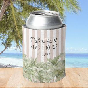 Tropical Palm Trees Beige Stripes Beach House Can Cooler