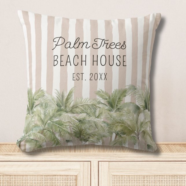 Tropical Palm Trees Beige Stripes Beach House Cushion (In situ)
