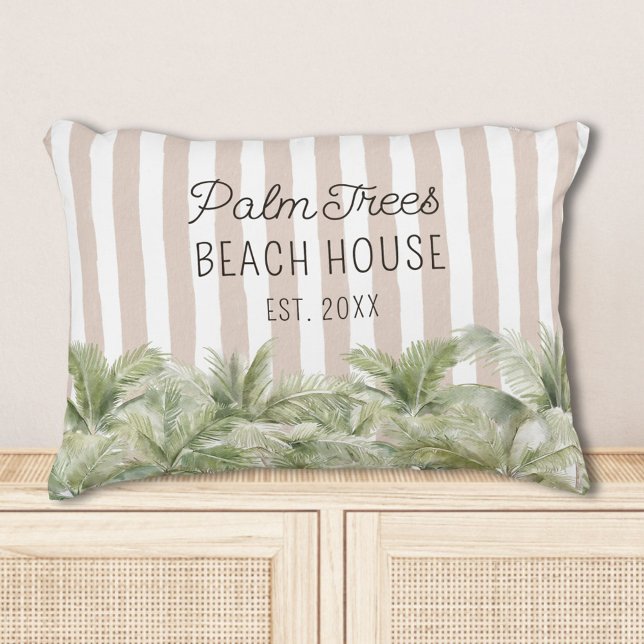 Tropical Palm Trees Beige Stripes Beach House Decorative Cushion (In situ)