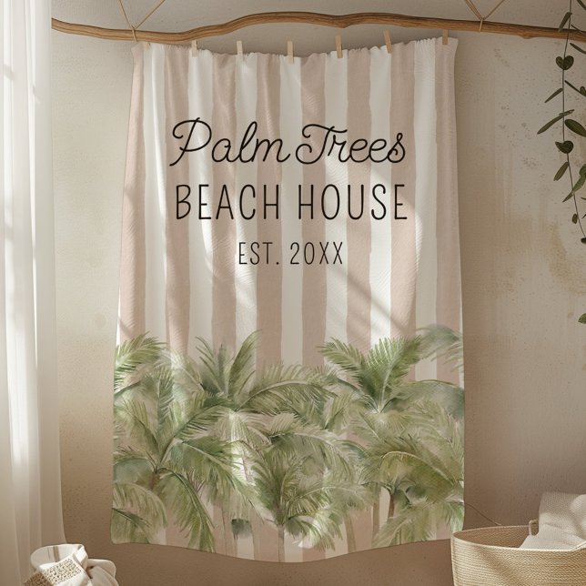 Tropical Palm Trees Beige Stripes Beach House Fleece Blanket (In situ)