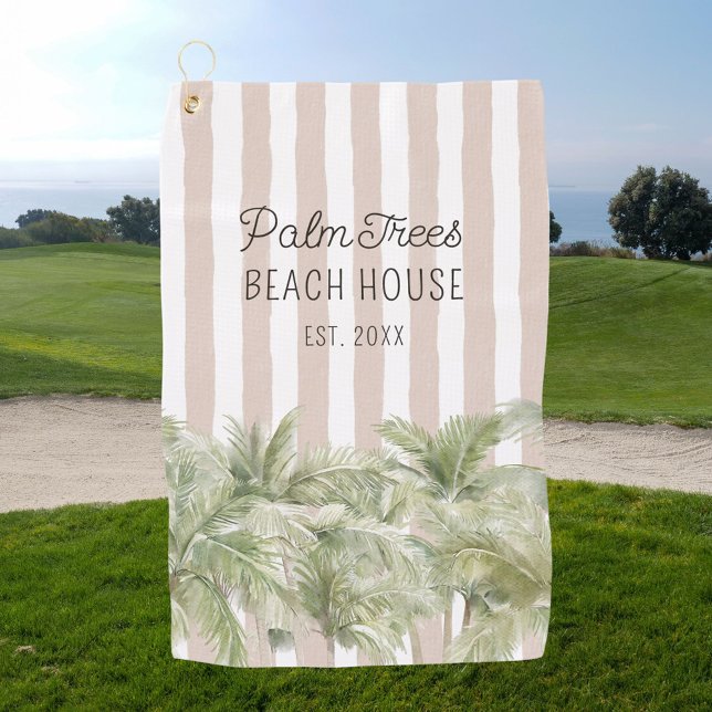Tropical Palm Trees Beige Stripes Beach House Golf Towel (In situ)